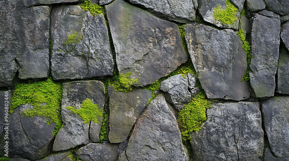 Stone wall with moss growing between the rocks.