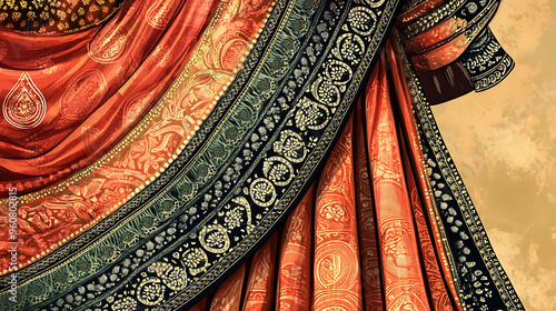 Close up of a richly colored, ornately patterned red and gold sari. photo