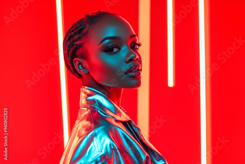 Fashion Portrait of Woman in Metallic Silver Jacket with Solid Neon Coral Background Chic and Modern