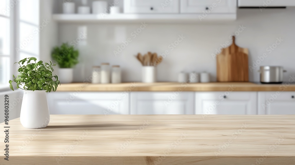 Fototapeta premium Bright modern kitchen with wooden countertops, a vase with green plant, and minimalistic white cabinets and utensils.