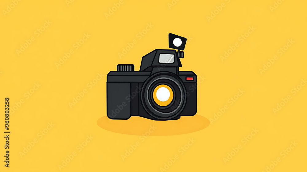 A simple illustration of a black camera on a yellow background. A simple illustration of a black camera on a yellow background.