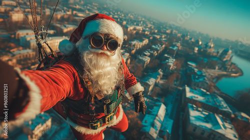 santa claus in steampunk style parachuting with gifts for christmas