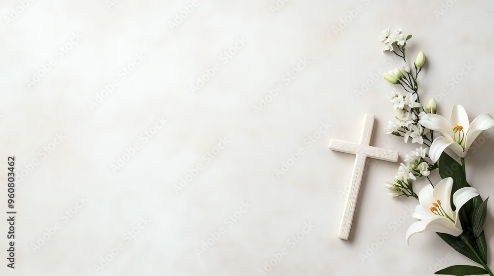 Elegant arrangement of lilies and a wooden cross on a light background, symbolizing peace, faith, and spirituality. Elegant arrangement of lilies and a wooden cross on a light background, symbolizing peace, faith, and spirituality.