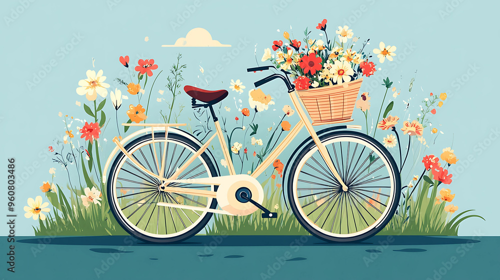 Fototapeta premium A vintage bicycle with a basket full of flowers sitting in a field of wildflowers.
