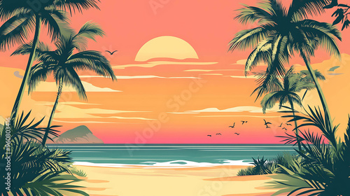 Sunset over a tropical beach with palm trees.