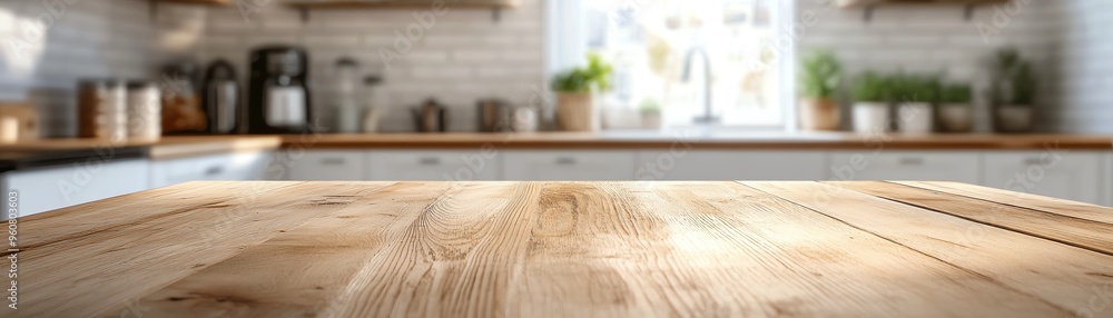 Empty wooden table in a bright modern kitchen with white tiles and plants near the window. Empty wooden table in a bright modern kitchen with white tiles and plants near the window.