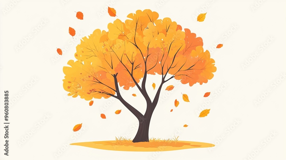 Fototapeta premium A cartoon drawing of a yellow and orange tree with golden leaves, perfect for representing autumn in a park or forest.