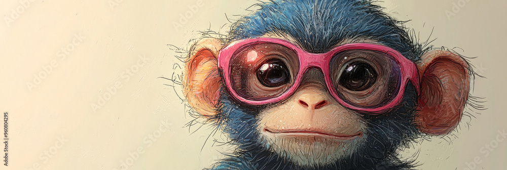 Fototapeta premium A cute monkey wearing pink sunglasses with a light beige background.