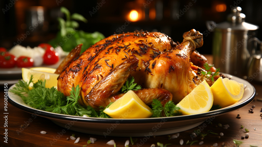 A single Roast chicken in plate on yellow A single Roast chicken in plate on yellow