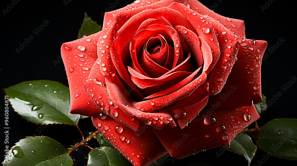 A Single red rose with green leaves on black background A Single red rose with green leaves on black background