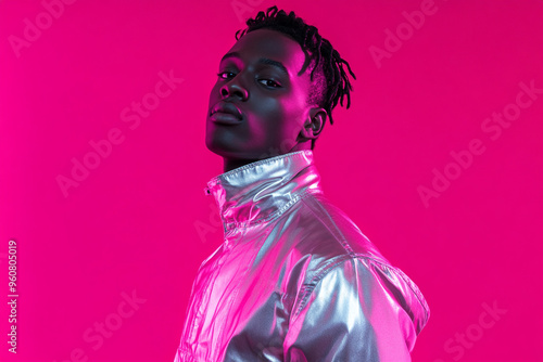 Men in Silver Jumpsuit with Solid Neon Pink Background Fashion Lifestyle Portrait, Modern and Trendy