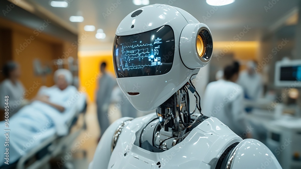 Aipowered robot interacting with patients in a futuristic hospital providing personalized care Aipowered robot interacting with patients in a futuristic hospital providing personalized care