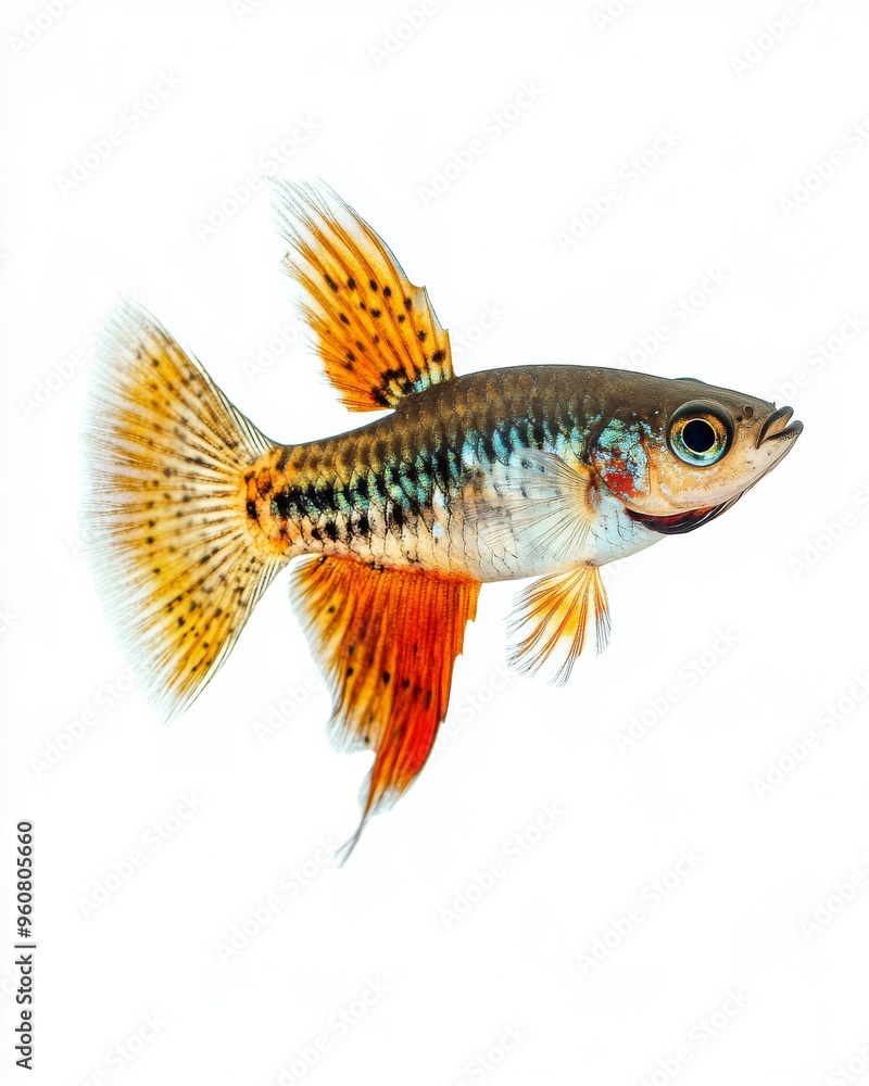 Fototapeta premium the Mosaic Cobra Guppy fish, portrait view, white copy space on right, Isolated on white Background