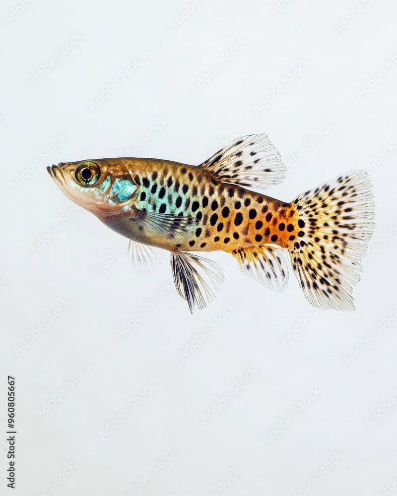 the Mosaic Leopard Guppy, portrait view, white copy space on right, Isolated on white Background the Mosaic Leopard Guppy, portrait view, white copy space on right, Isolated on white Background