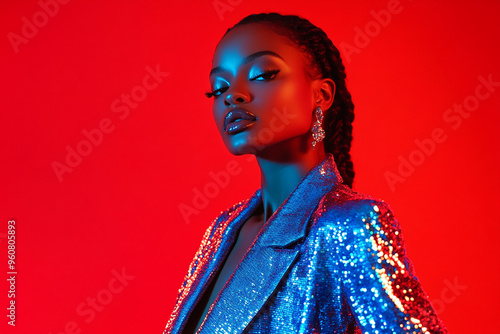 Fashion Portrait of Woman in Sequined Blue Blazer with Solid Neon Red Background Stylish and Bold