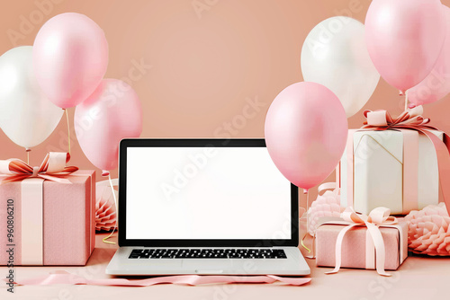 laptop with white screen surrounded by skin and beige gift boxes, balloons in shades of pastel slin  and whites. photo