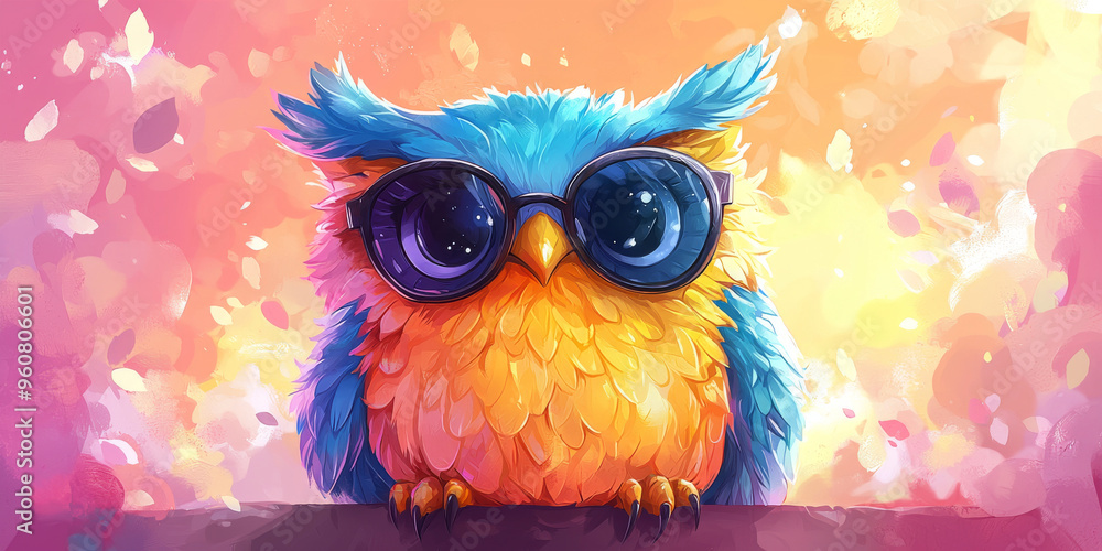 Naklejka premium A cute cartoon owl with blue and yellow feathers wearing sunglasses.