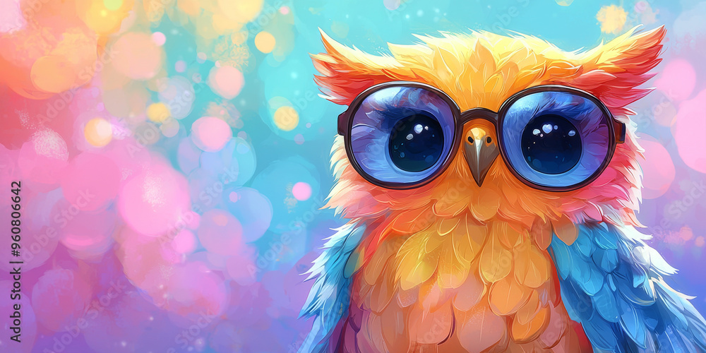 Fototapeta premium Cute cartoon owl wearing glasses with a colorful background.