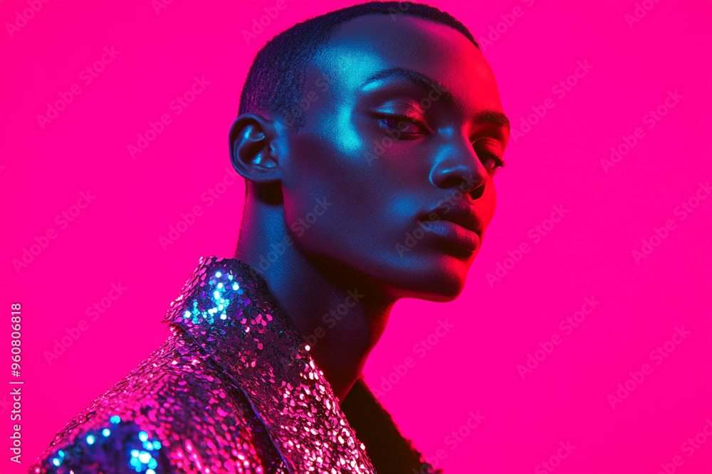 Men in Sequined Jacket with Solid Neon Pink Background Fashion Lifestyle Portrait, Bold and Trendy Men in Sequined Jacket with Solid Neon Pink Background Fashion Lifestyle Portrait, Bold and Trendy