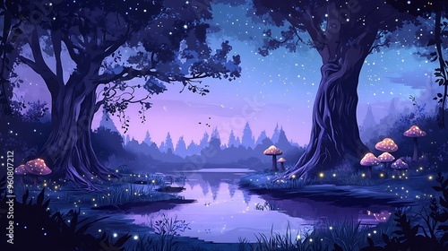 Enchanted Forest Lake at Night with Glowing Mushrooms and Fireflies photo