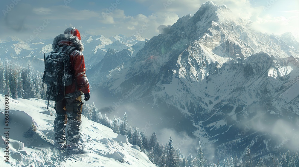 Majestic Snowy Mountain Peak With Hiker - Breathtaking Winter Landscape Majestic Snowy Mountain Peak With Hiker - Breathtaking Winter Landscape