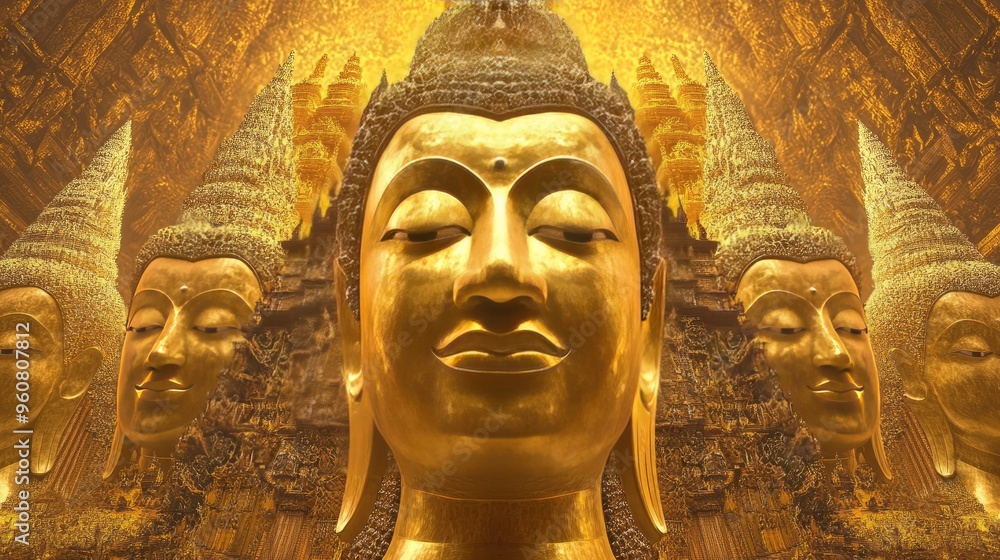 A series of golden Lord Buddha images, arranged from large to small, set against a dynamic realistic temple backdrop A series of golden Lord Buddha images, arranged from large to small, set against a dynamic realistic temple backdrop