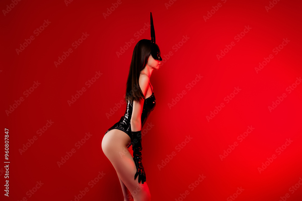 Profile photo of gorgeous seductive lovely slim girl wear black costume isolated on red gradient color background Profile photo of gorgeous seductive lovely slim girl wear black costume isolated on red gradient color background
