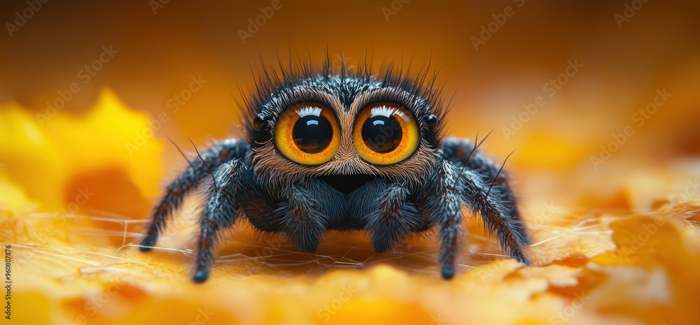 A close-up view of a cute jumping spider with big orange eyes. A close-up view of a cute jumping spider with big orange eyes.