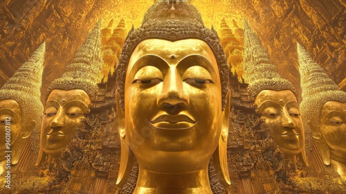 A series of golden Lord Buddha images, arranged from large to small, set against a dynamic realistic temple backdrop