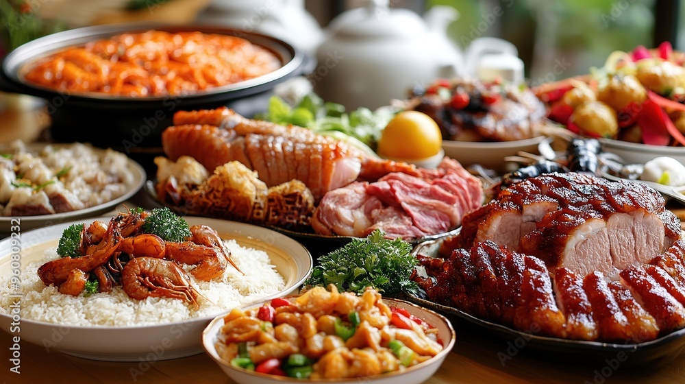 An array of Cantonese dishes, including roasted meats, seafood, and rice, displayed on a table with traditional Chinese decor An array of Cantonese dishes, including roasted meats, seafood, and rice, displayed on a table with traditional Chinese decor