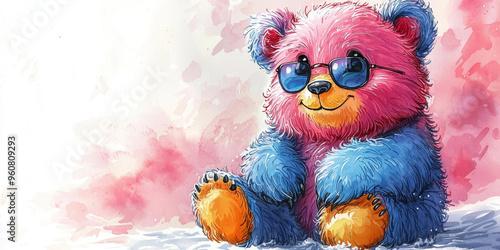 Cool teddy bear with blue sunglasses.