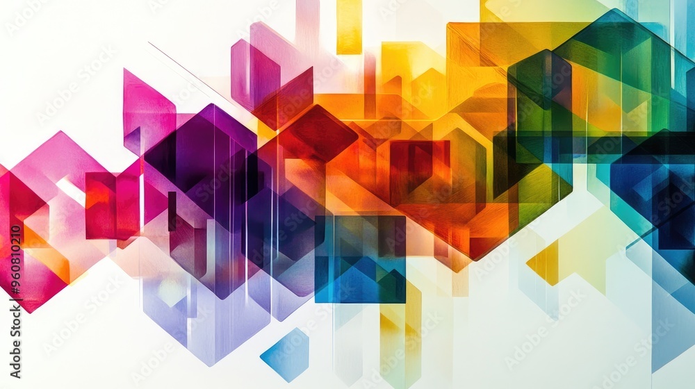 Vibrant geometric shapes cascading by size, including triangles, rectangles, and hexagons, set against a white background Vibrant geometric shapes cascading by size, including triangles, rectangles, and hexagons, set against a white background