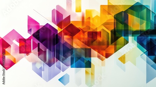 Vibrant geometric shapes cascading by size, including triangles, rectangles, and hexagons, set against a white background