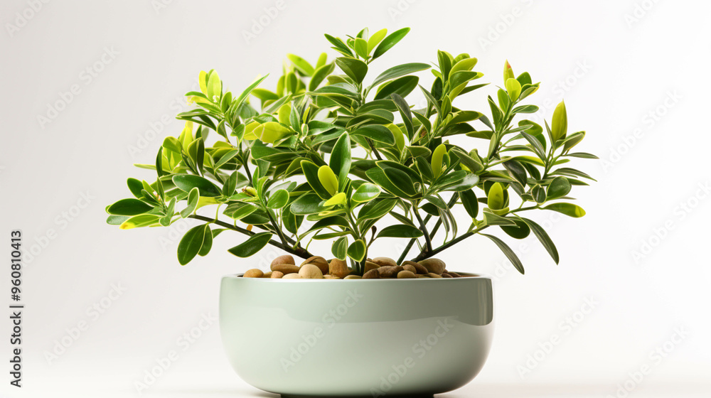 A small plant is in a bowl with green leaves on white background A small plant is in a bowl with green leaves on white background
