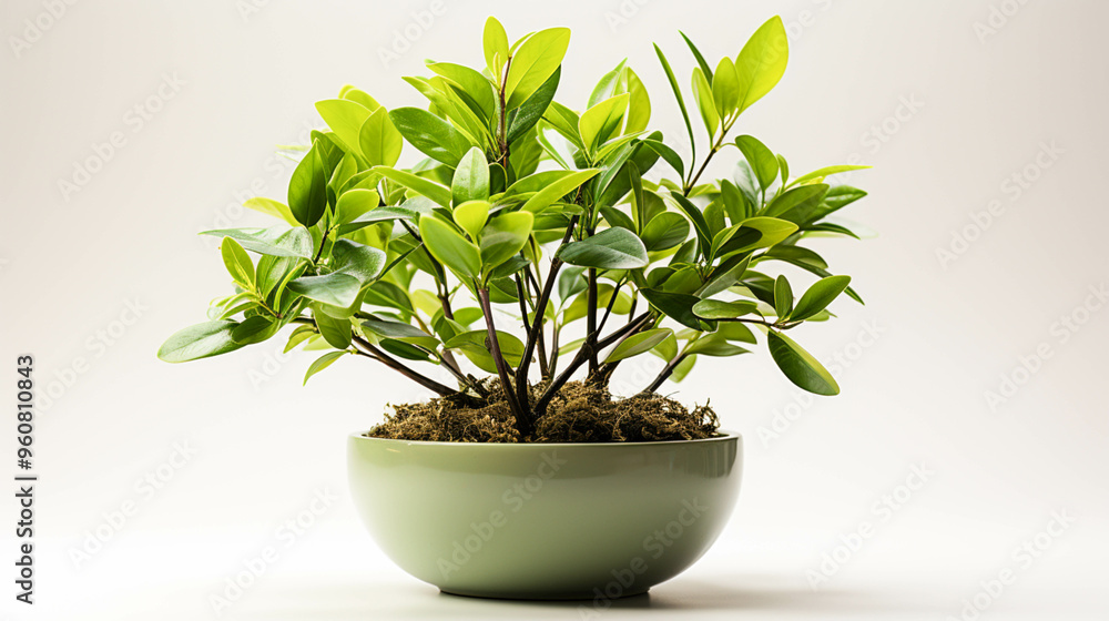 A small plant is in a bowl with green leaves on white background A small plant is in a bowl with green leaves on white background