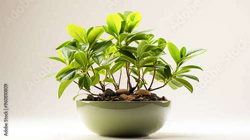 A small plant is in a bowl with green leaves on white background