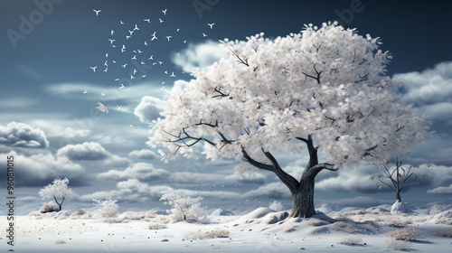 A snow covered tree with fluttering snowflakes on a white background