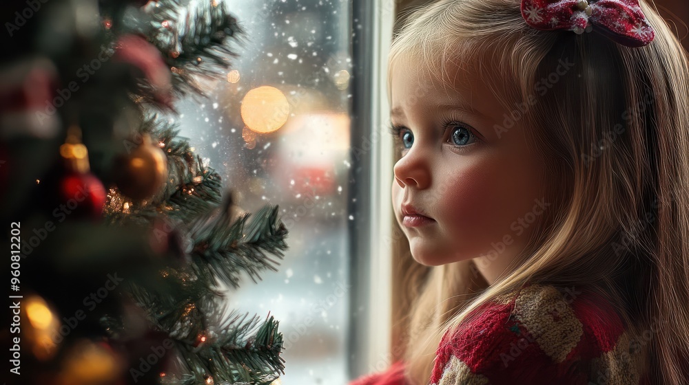 A little girl looking out a window at a christmas tree