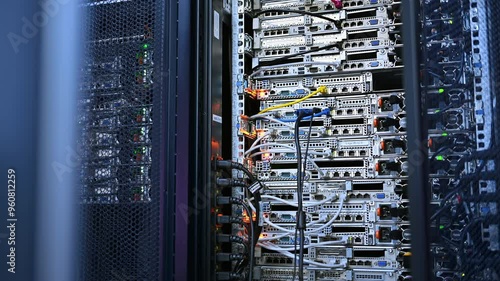Close up of a rack-mounted server in data centre