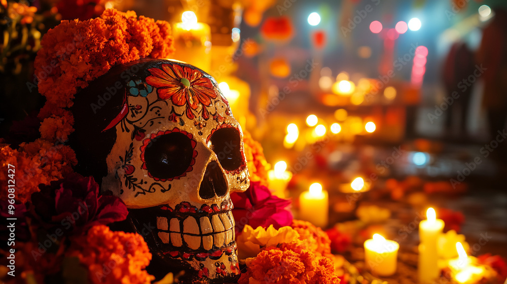 Behind an altar for Día de los Muertos (The Day the Dead), marigold flowers frame the scene, with candles and decorated skulls lighting the night to honor the dead. Behind an altar for Día de los Muertos (The Day the Dead), marigold flowers frame the scene, with candles and decorated skulls lighting the night to honor the dead.