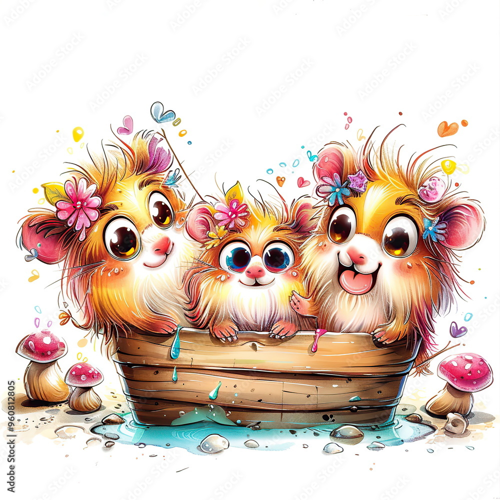 Obraz premium Cute Cartoon Guinea Pigs in a Wooden Tub with Flowers and Mushrooms