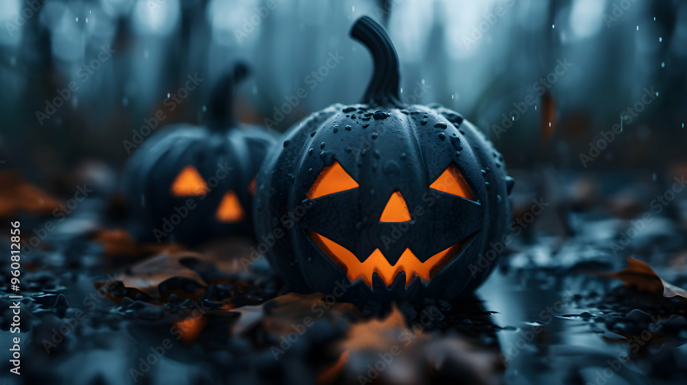 Fototapeta premium Halloween Pumpkins The Forest Night.Halloween