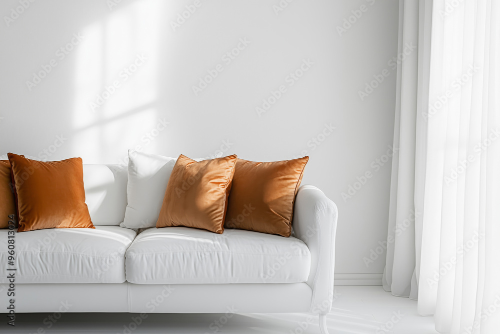 Modern style sofa with soft cushions in a light living room, in front of a light colored wall with an area for text or design Modern style sofa with soft cushions in a light living room, in front of a light colored wall with an area for text or design