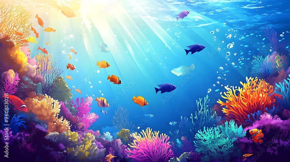 Naklejka premium Vibrant Coral Reef with Colorful Fish and Sunbeams