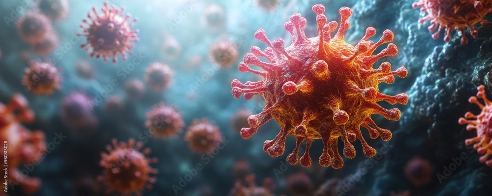 Close-up of a virus with spiky surface, microscopic view of virus particles. Close-up of a virus with spiky surface, microscopic view of virus particles.