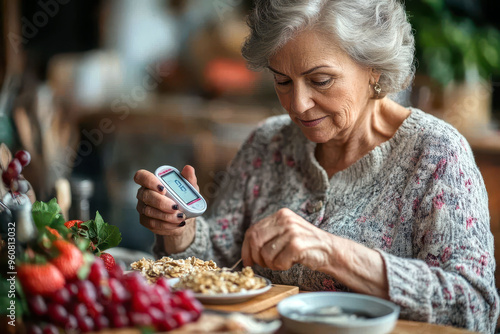 Senior woman checking glucose levels while eating breakfast at home. photo