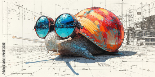 A snail wearing round sunglasses on a blueprint background photo