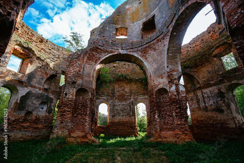 Old ruins of Church. Abandoned Church of the Intercession of the Holy Virgin church in Cherepovo, Smolensk oblast photo