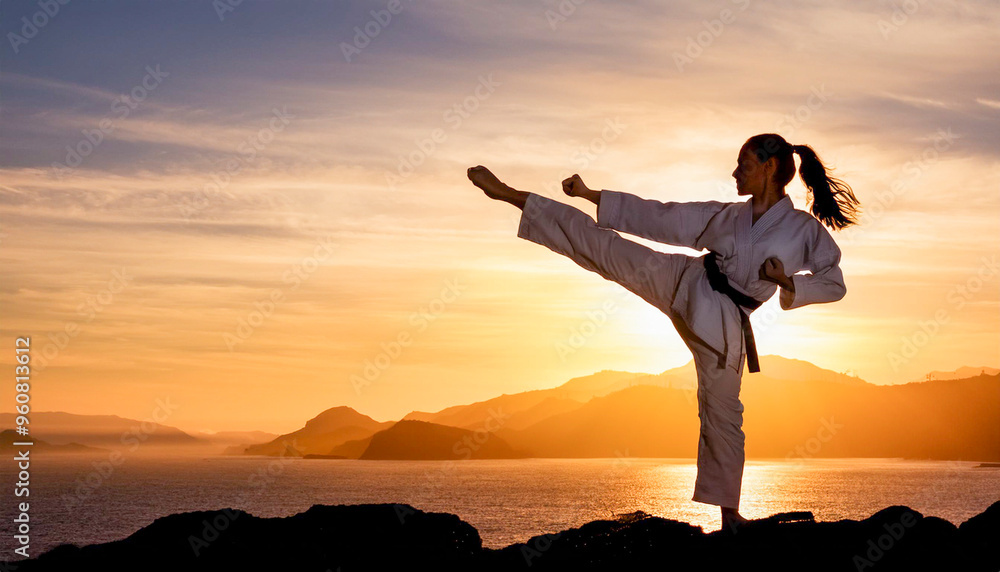 Silhouette of a woman practising taekwondo Silhouette of a woman practising taekwondo