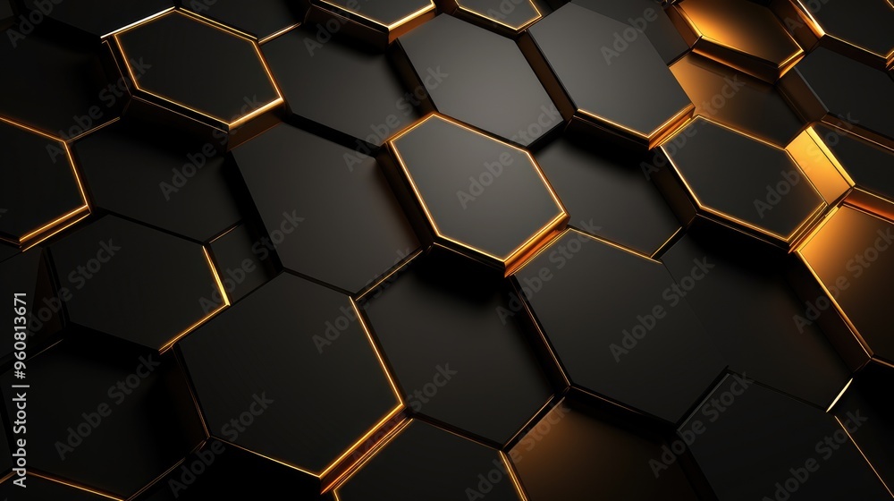 A close-up view of a hexagonal pattern with a sleek black and gold design, emphasizing modern aesthetics and texture. A close-up view of a hexagonal pattern with a sleek black and gold design, emphasizing modern aesthetics and texture.